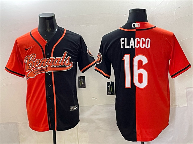 Men's Cincinnati Bengals #16 Joe Flacco Orange_Black Split With Patch Cool Base Stitched Baseball Jersey