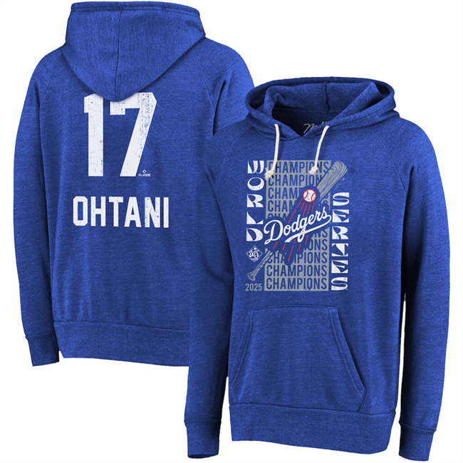 Men's Los Angeles Dodgers #17 Shohei Ohtani Royal 2025 World Series Champions Name & Number Tri-Blend Hoodie