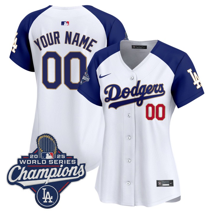 Women's Dodgers Custom 'Gold Trim' 2025 World Series Champions Limited Stitched Jersey - White Alternate
