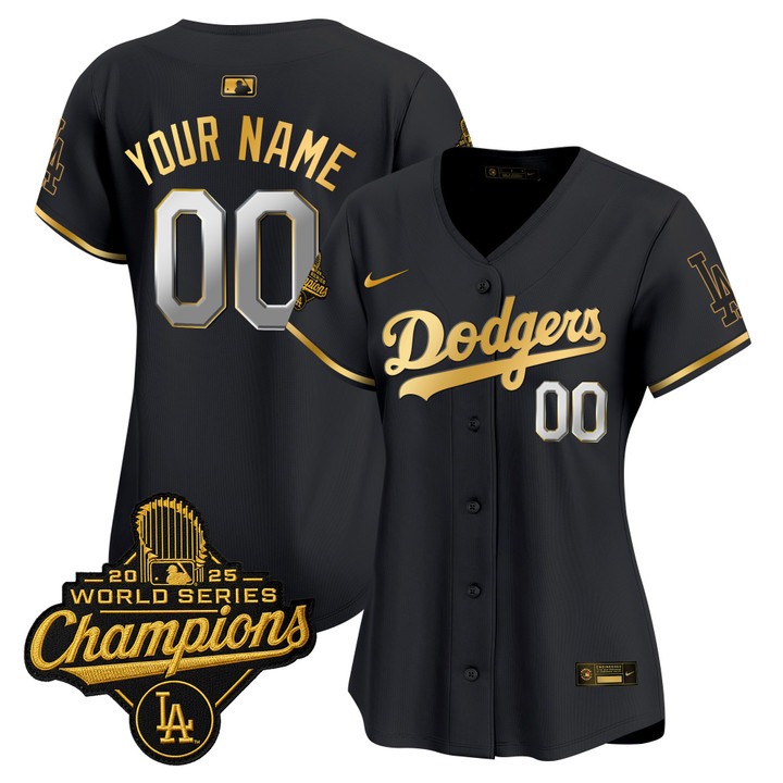 Women's Dodgers Custom 'Gold Trim' 2025 World Series Champions Limited Stitched Jersey - Black Gold