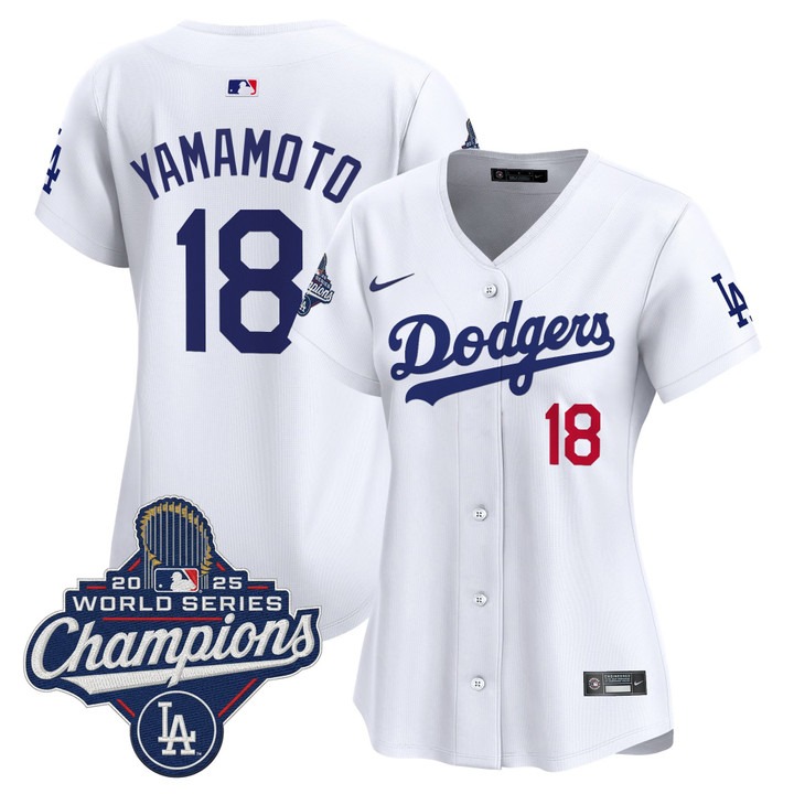 Women's Dodgers #18 Yoshinobu Yamamoto 2025 World Series Champions Nike Limited Jersey White
