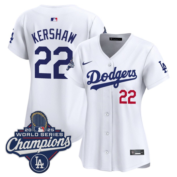 Women's Dodgers #22 Clayton Kershaw 2025 World Series Champions Nike Limited Jersey White