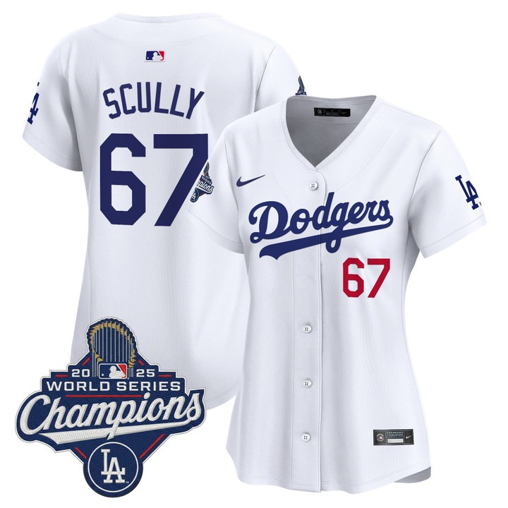 Women's Dodgers #67 Vin Scully 2025 World Series Champions Nike Limited Jersey White