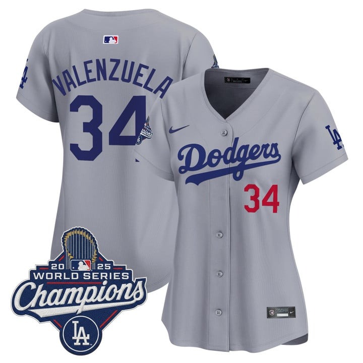Women's Dodgers #34 Fernando Valenzuela 2025 World Series Champions Nike Limited Jersey Grey