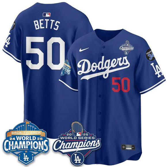 Men's Los Angeles Dodgers #50 Mookie Betts Royal 2025 World Series Champions & Back to Back Champions With No.34 Patch Limited Stitched Baseball Jersey