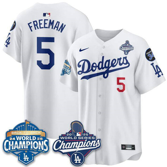 Men's Los Angeles Dodgers #5 Freddie Freeman White 2025 World Series Champions & Back to Back Champions With No.34 Patch Limited Stitched Baseball Jersey