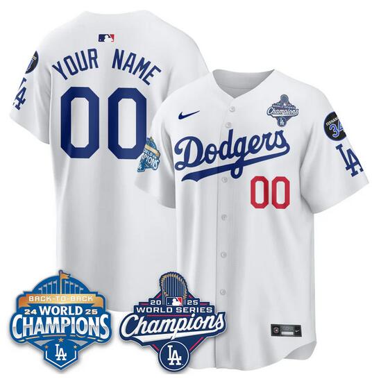 Men's Los Angeles Dodgers Custom White 2025 World Series Champions & Back to Back Champions With No.34 Patch Limited Stitched Baseball Jersey