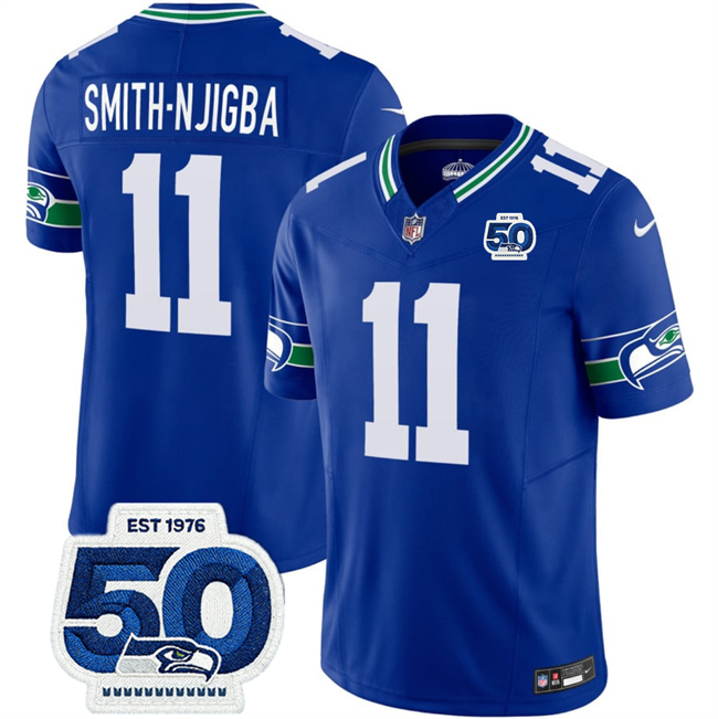 Youth Seattle Seahawks #11 Jaxon Smith-Njigba Royal 2025 F.U.S.E 50th Anniversary Patch Throwback Vapor Limited Stitched Football Jersey