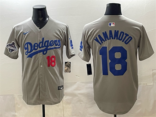 Men's Los Angeles Dodgers #18 Yoshinobu Yamamoto Grey 2025 World Series Champions Patch Limited Stitched Baseball Jersey