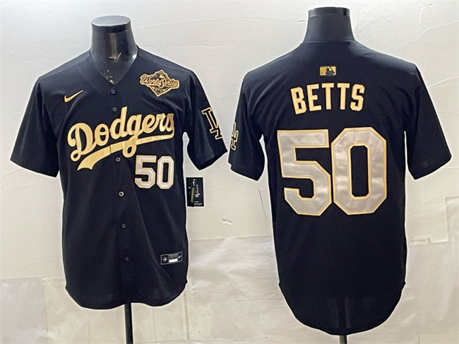 Men's Los Angeles Dodgers #50 Mookie Betts Black Gold 2025 World Series Patch Limited Stitched Baseball Jersey