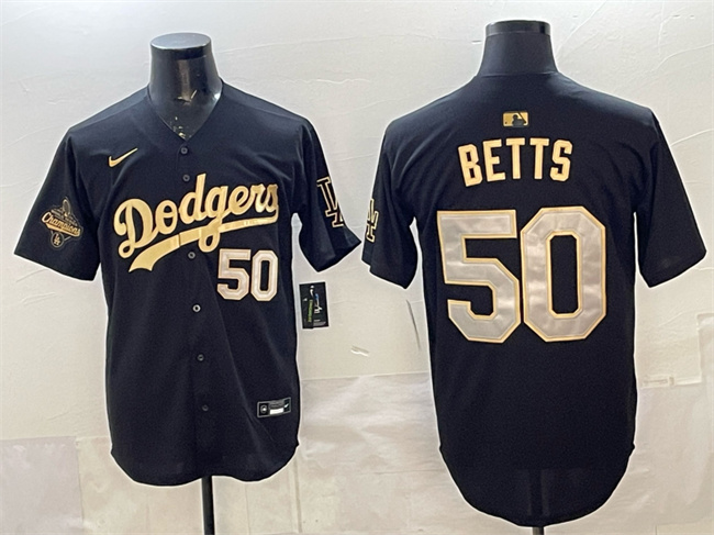 Men's Los Angeles Dodgers #50 Mookie Betts Black Gold 2025 World Series Champions Patch Limited Stitched Baseball Jersey