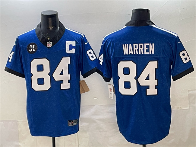 Men's Indianapolis Colts #84 Tyler Warren Blue 2025 F.U.S.E. Jim Irsay Patch Throwback Vapor Limited Stitched Football Jersey