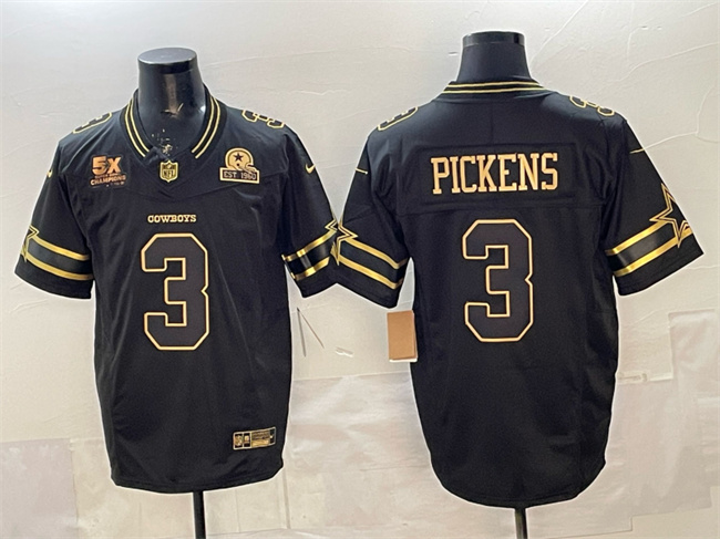 Men's Dallas Cowboys #3 George pickens Black Gold 2025 F.U.S.E. With 5x Super Bowl Champions & Established In 1960 Patch Vapor Limited Stitched Football Jersey