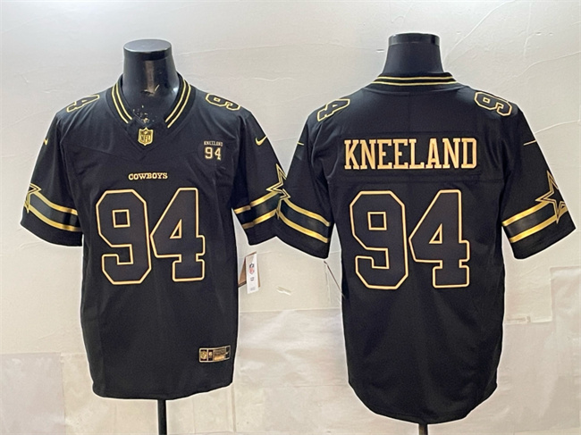 Men's Dallas Cowboys #94 Marshawn Kneeland Black Gold 2025 F.U.S.E. 94 Marshawn Kneeland Memorial Patch Vapor Limited Stitched Football Jersey