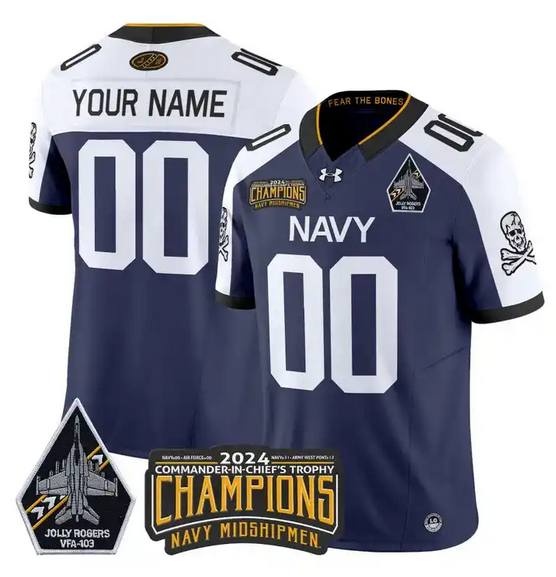 Navy Midshipmen Active Player Custom Navy White 2024 F.U.S.E. Champions Patch And Jolly Rogers VFA-103 Horvath Patch Stitched Football Jersey