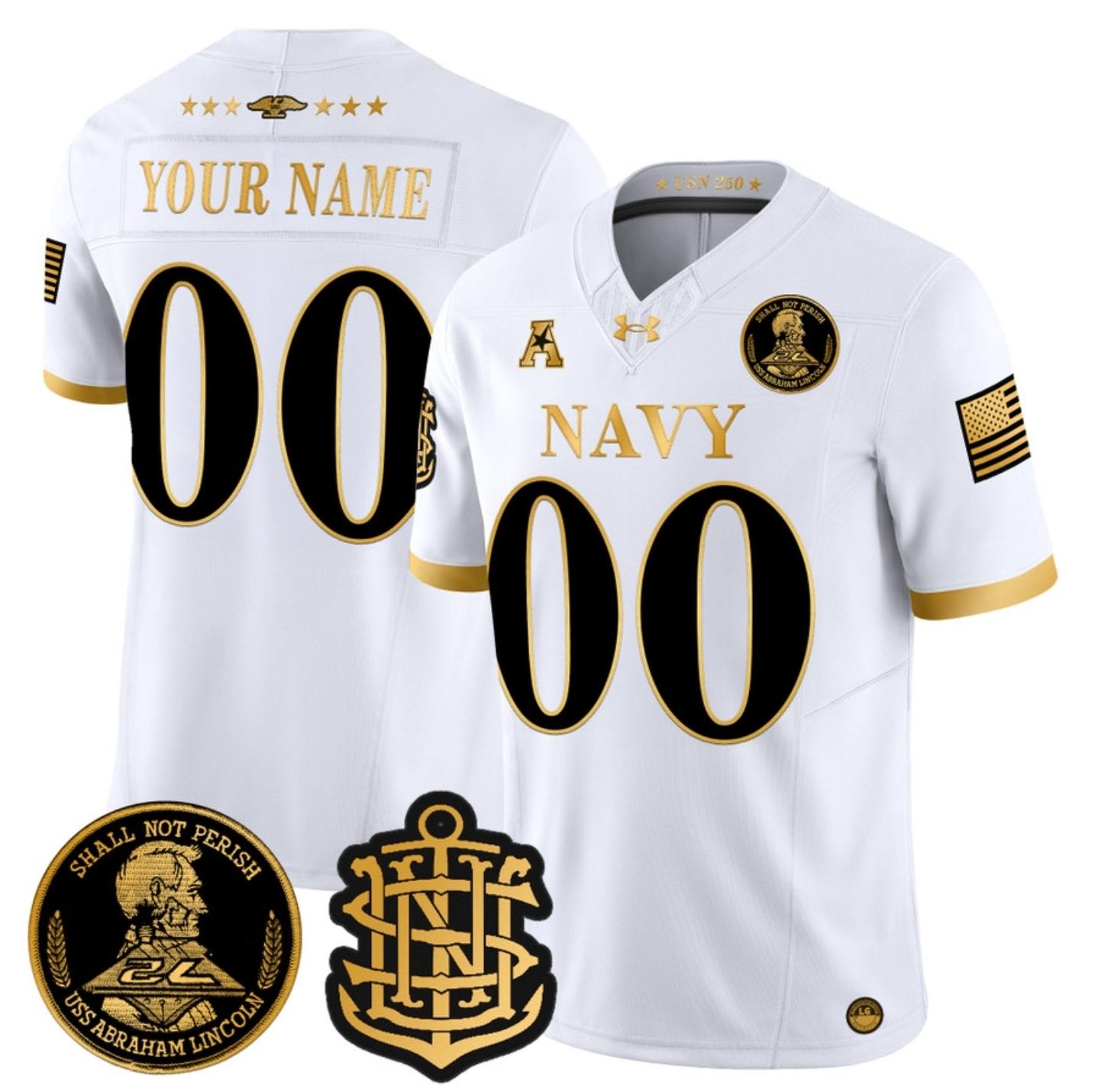Navy Midshipmen Active Player Custom White Gold 2024 F.U.S.E. Champions Patch And USS Patch Stitched Football Jersey