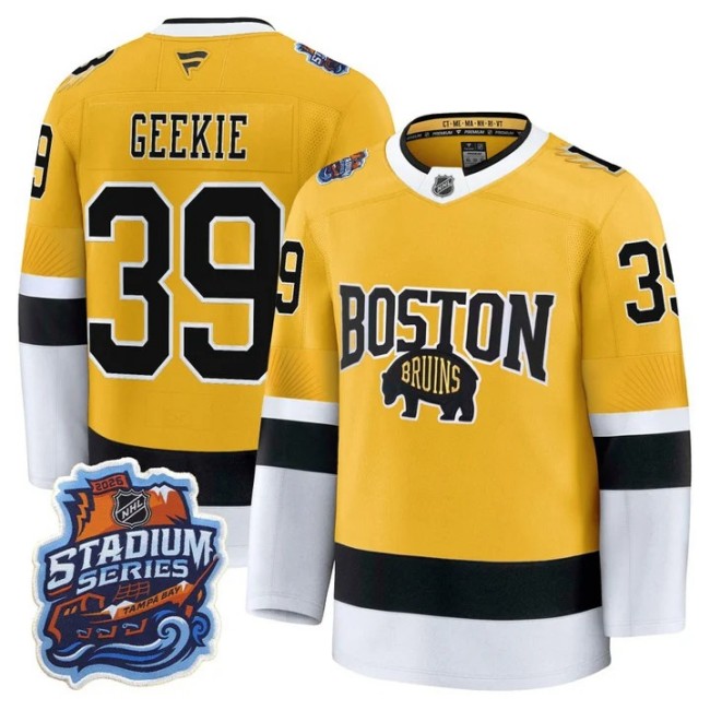 Men's Boston Bruins #39 Morgan Geekie Gold 2026 Stadium Series Authentic Stitched Jersey