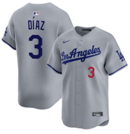 Men's Los Angeles Dodgers #3 Edwin Diaz Grey Road Limited Stitched Baseball Jersey