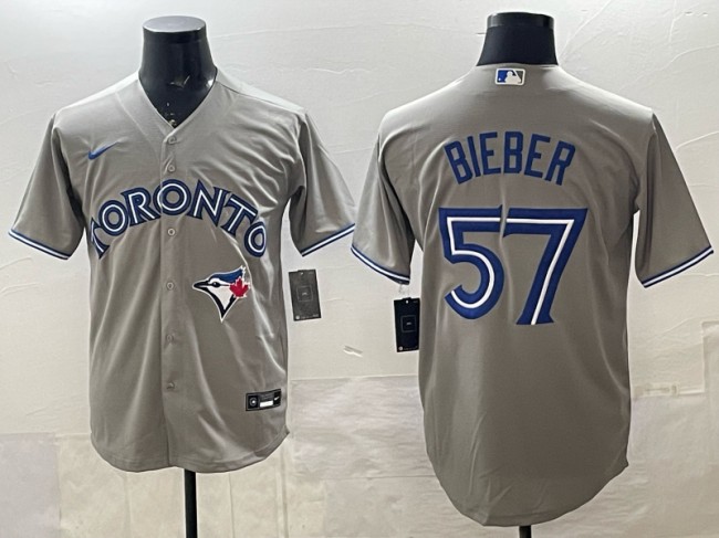 Men's Toronto Blue Jays #57 Shane Bieber Gray Cool Base Stitched Baseball Jersey