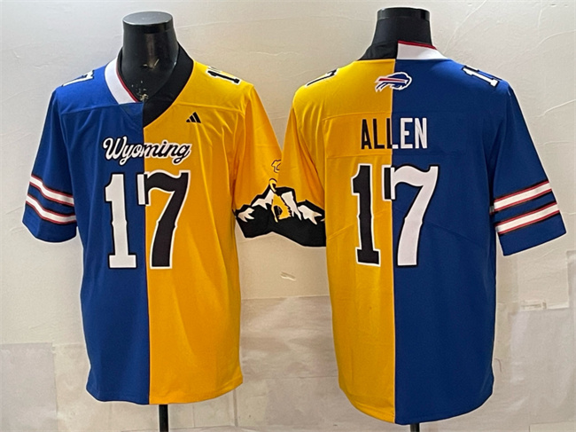 Men's Wyoming Cowboys #17 Josh Allen Blue Gold Split Vapor Limited Stitched College Football Jersey