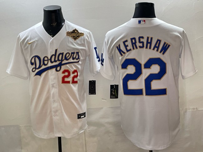 Men's Los Angeles Dodgers #22 Clayton Kershaw White Gold 2025 World Series Patch Stitched Baseball Jersey