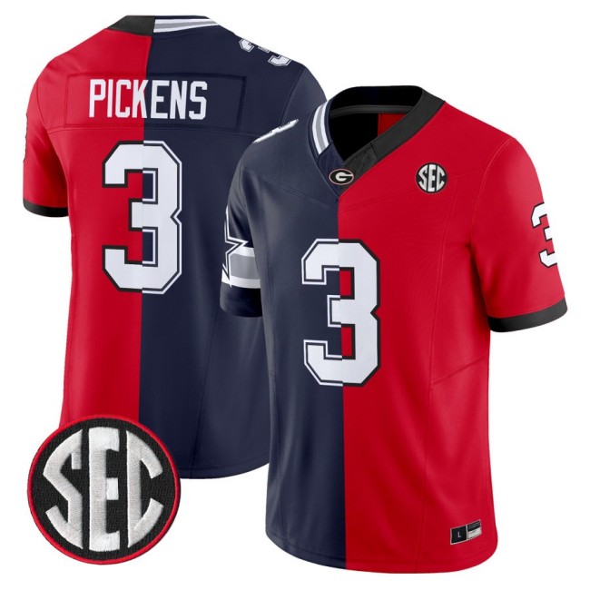 Men's Dallas Cowboys Split Georgia Bulldogs #3 George Pickens Navy Red F.U.S.E. Vapor Limited Stitched Jersey
