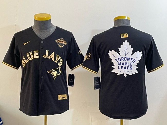 Youth Toronto Blue Jays & Leafs Black Gold 2025 American League Champions With White Leafs Logo Limited Stitched Baseball Jersey