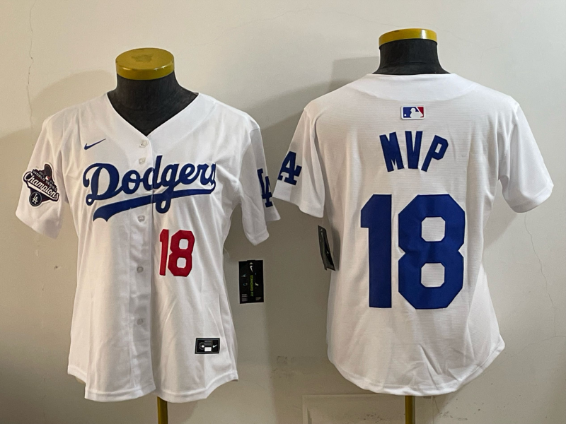 Youth Los Angeles Dodgers #18 MVP White 2025 World Series Champions Patch Limited Stitched Baseball Jersey