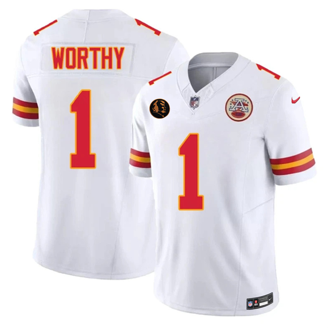 Men's Kansas City Chiefs #1 Xavier Worthy White 2025 F.U.S.E. John Madden Patch Vapor Untouchable Limited Stitched Football Jersey