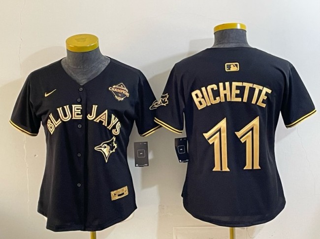 Women's Toronto Blue Jays #11 Bo Bichette Black Gold 2025 American League Champions Limited Stitched Baseball Jersey