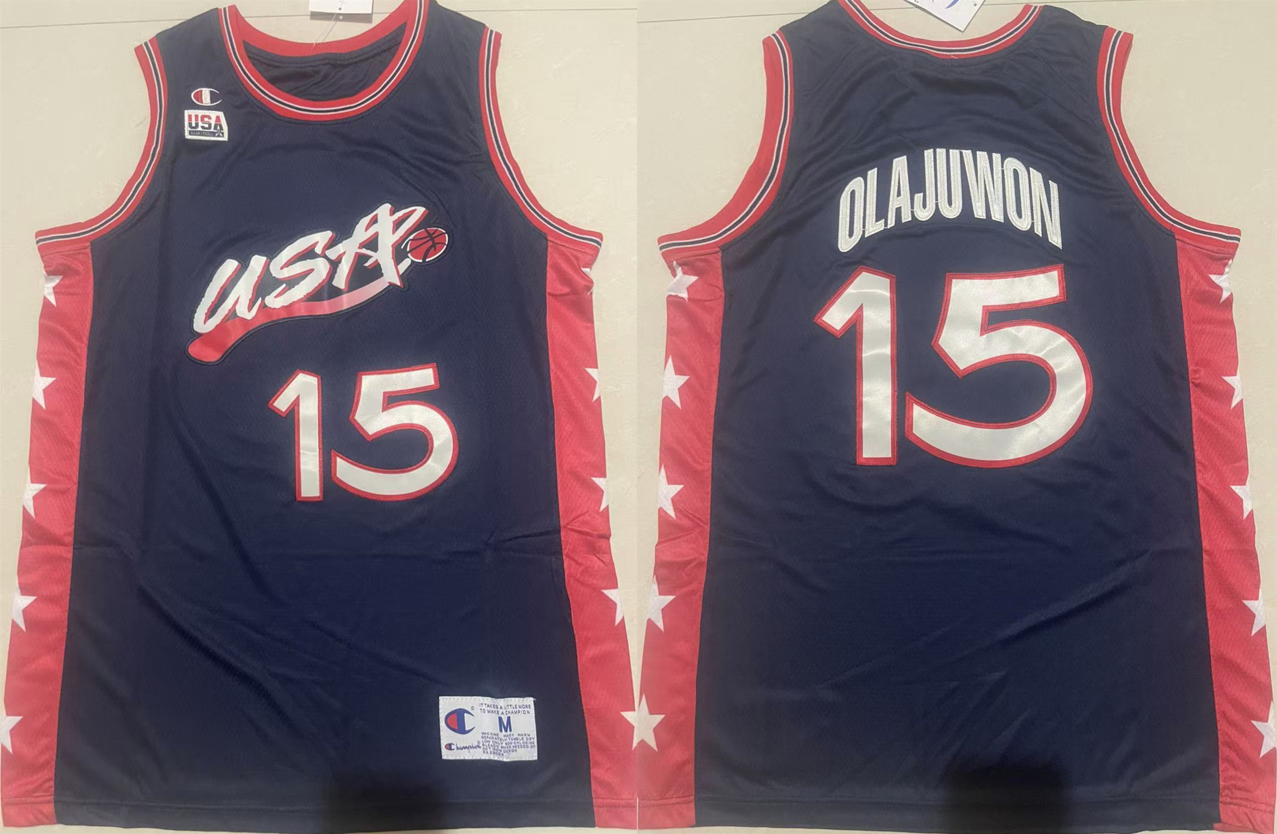 Men's USA Basketball #15 Hakeem Olajuwon Navy 1996 Stitched Jersey