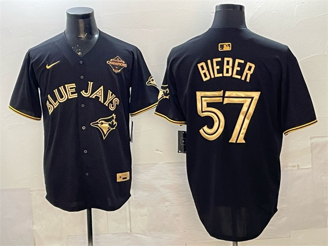 Men's Toronto Blue Jays #57 Shane Bieber Black Gold 2025 American League Champions Limited Stitched Baseball Jersey