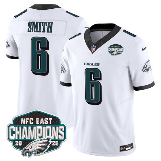 Men's Philadelphia Eagles #6 DeVonta Smith White F.U.S.E. 2025 NFC East Division Champions Vapor Limited Stitched Jersey