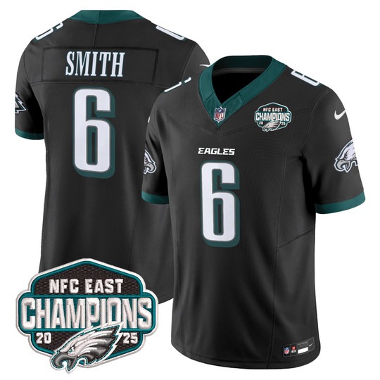 Men's Philadelphia Eagles #6 DeVonta Smith Black F.U.S.E. 2025 NFC East Division Champions Vapor Limited Stitched Jersey