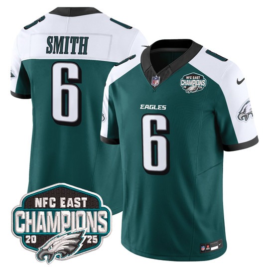 Men's Philadelphia Eagles #6 DeVonta Smith Green White F.U.S.E. 2025 NFC East Division Champions Vapor Limited Stitched Jersey