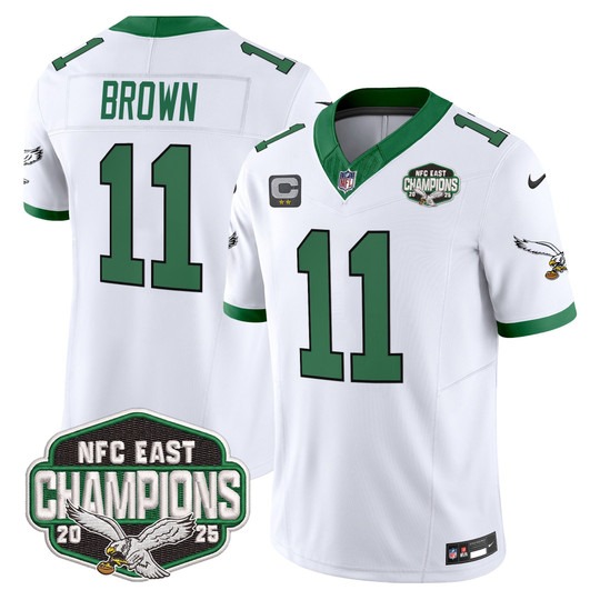 Men's Philadelphia Eagles #11 A.J. Brown Kelly White F.U.S.E. 2025 NFC East Division Champions Vapor Limited Stitched Jersey