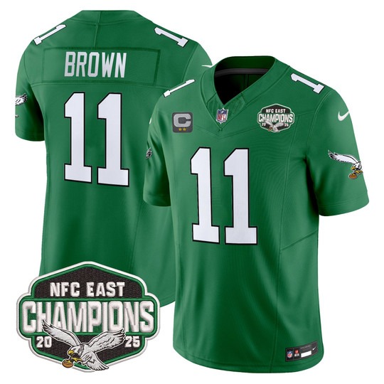 Men's Philadelphia Eagles #11 A.J. Brown Kelly Green F.U.S.E. 2025 NFC East Division Champions Vapor Limited Stitched Jersey
