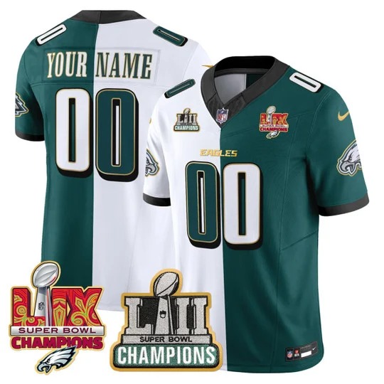 Men's & Women's & Youth Philadelphia Eagles Custom Split Green White F.U.S.E. LII & LIX Super Bowl Champions  Vapor Limited Stitched Jersey