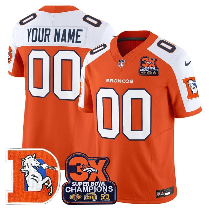 Men's & Women's & Youth Denver Broncos Custom Orange White F.U.S.E. 3-Time Champions Patch Throwback Vapor Limited Stitched Jersey