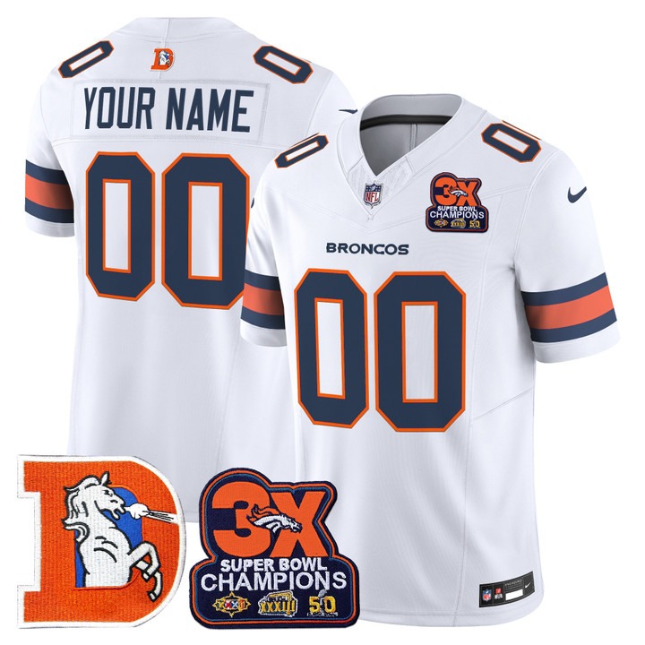 Men's & Women's & Youth Denver Broncos Custom White F.U.S.E. 3-Time Champions Patch Throwback Vapor Limited Stitched Jersey