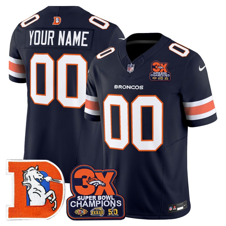 Men's & Women's & Youth Denver Broncos Custom Navy F.U.S.E. 3-Time Champions Patch Throwback Vapor Limited Stitched Jersey