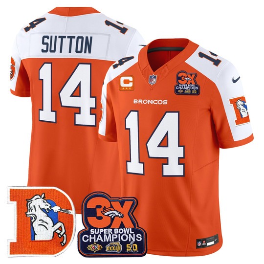 Men's & Women's & Youth Denver Broncos #14 Courtland Sutton Orange White F.U.S.E. 3-Time Champions Throwback Vapor Limited Stitched Jersey