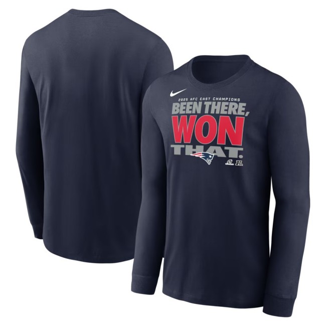 Men's & Women's & Youth New England Patriots Navy Nike 2025 AFC East Division Champions Locker Room Trophy Collection Long Sleeve T-Shirt