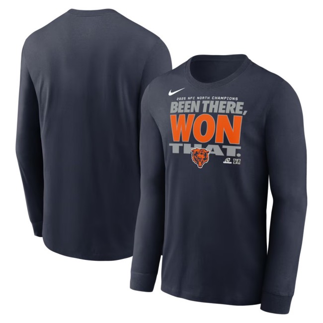 Men's & Women's & Youth Chicago Bears Navy Nike 2025 NFC North Division Champions Locker Room Trophy Collection Long Sleeve T-Shirt