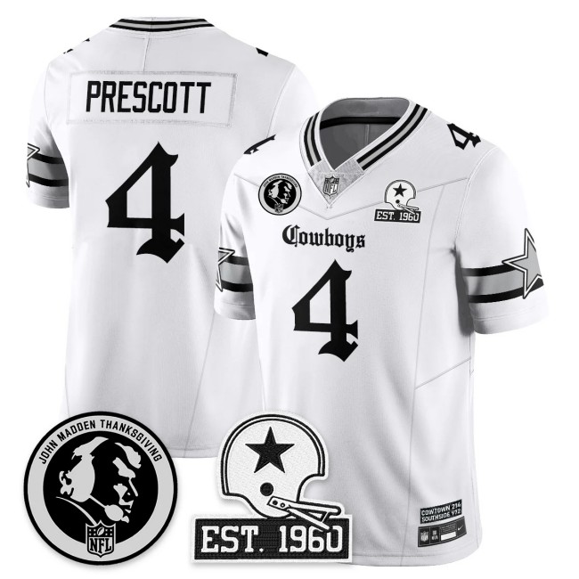 Men's Dallas Cowboys #4 Dak Prescott White 'Gothic John Madden Patch Vapor Limited Stitched Jersey