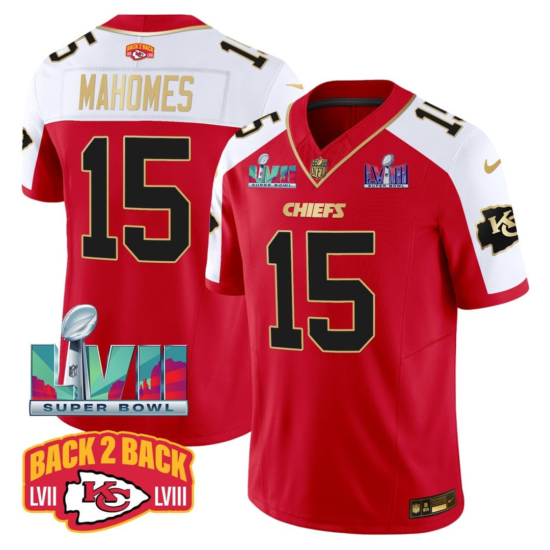 Men's & Women's & Youth Kansas City Chiefs #15 Patrick Mahomes Red White With Back 2 Back LVII LVIII Super Bowl Patch F.U.S.E. Stitched Jersey