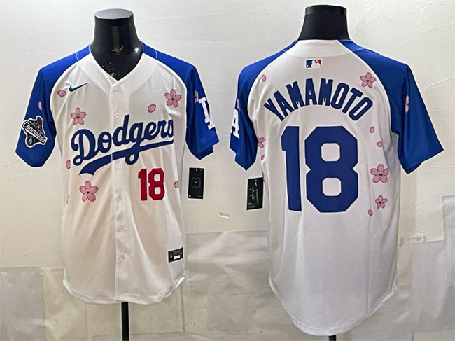 Men's Los Angeles Dodgers #18 Yoshinobu Yamamoto White Royal 2025 World Series Champions Patch Tokyo Series Limited Stitched Baseball Jersey
