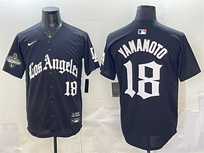Men's Los Angeles Dodgers #18 Yoshinobu Yamamoto Black LA Gothic Style With 2025 World Series Champions Patch Limited Stitched Baseball Jersey
