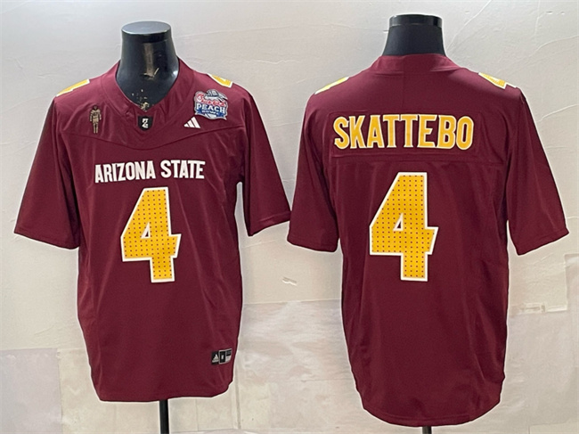Men's Arizona State Sun Devils #4 Cam Skattebo 2024 F.U.S.E. Maroon Pat Tillman & Peach Bowl Patch Vapor Limited Stitched Jersey