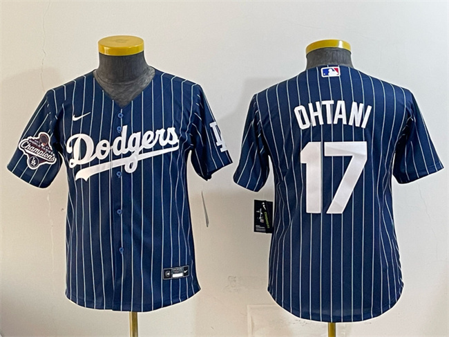 Youth Los Angeles Dodgers #17 Shohei Ohtani Navy Pinstripe 2025 World Series Champions Patch Cool Base Stitched Baseball Jersey